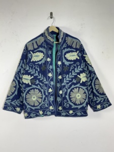 Giacca Blu Scuro Ricamata Stile Suzani |   Cotone |   Cappotto in Stile Suzani |   Top Boho Indigo con Apertura Frontale - Product Image 1