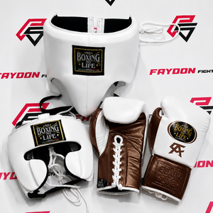 No Boxing No Life - Guantes de Boxeo Personalizados de Piel de Vacuno Genuina Blanca/Dorada con Cordones, Protector de Cabeza y Cadera - Product Image 6