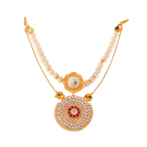 Designer Gold Plated Zircon and Pearl Bridal <b>Statement</b> <b>Necklace</b> Set - Product Image 2