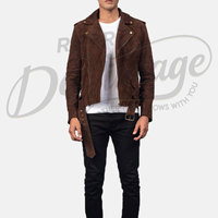 Veste de motard en cuir suédé marron foncé pour homme, classique, double fermeture éclair, en véritable peau de mouton, chaude pour l'hiver, avec ceinture