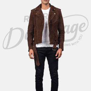Veste de motard en cuir suédé marron foncé pour homme, classique, double fermeture éclair, en véritable peau de mouton, chaude pour l'hiver, avec ceinture - Product Image 3