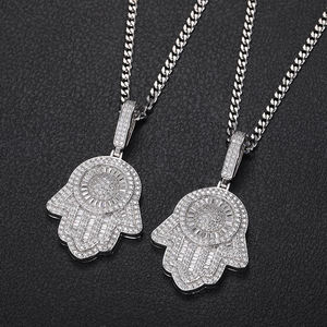<b>Silver</b> Plated Hamsa Hand Pendant With Rhinestone Inlay Hiphop Style Unisex <b>Charm</b> Gift - Product Image 3
