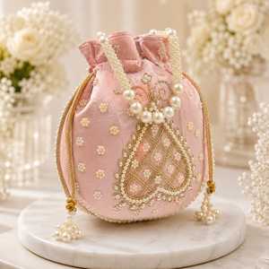 Budget Friendly Handmade Silk Potli Bag with Intricate Beaded Flower Embroidery for Bridal <b>Wedding</b> <b>Accessories</b> Parties Festive - Product Image 1