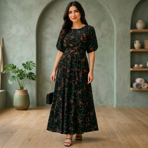 Floral Print Floor-Length Maxi <b>Dress</b> O-Neck Short Sleeve A-Line Loose Fit Boho Style Rayon Woven Eco-Friendly Breathable Casual - Product Image 3