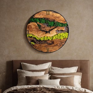 Wooden Wall <b>Clock</b> with Preserved Moss Large Round Handmade Wood <b>Clock</b> Farmhouse Decor Natural Wood Grain Modern Wall Art - Product Image 3