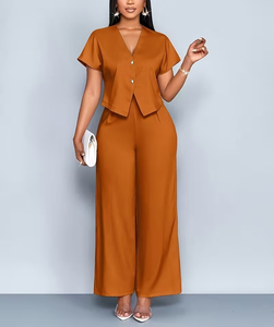 Women's Customized Color 2-Piece Set Short Sleeve V-Neck Blazer Top Wide Leg Pants Solid Color Micro Elasticity Spring/Summer - Product Image 4