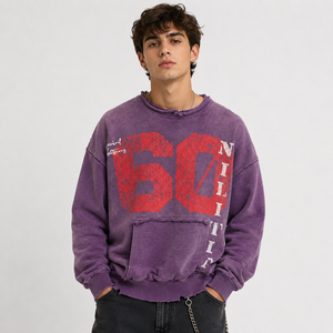 Sudadera Morada Oversize con Cuello Redondo, Lavado Ácido, Estampado '60' Rojo y Bolsillo Frontal, de Algodón Tejido, Estilo Otoñal Unisex - Product Image 1
