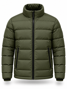 Blouson matelassé vert olive pour homme, coupe-vent, fermeture éclair, col montant, décontracté, rembourrage épais en polyester, longueur standard, couleur unie - Product Image 1