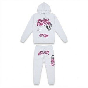 New Arrivals <b>White</b> <b>Men's</b> Hooded Tracksuit Set Full Sleeve Streetwear <b>Joggers</b> With Skull Print And Dripping Design Autumn Wear - Product Image 2