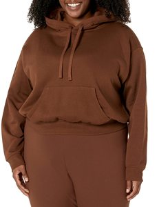 Sweat-shirt à capuche marron pour femme, coupe courte, manches régulières, couleur unie, en coton tricoté, pour l'automne - Product Image 5