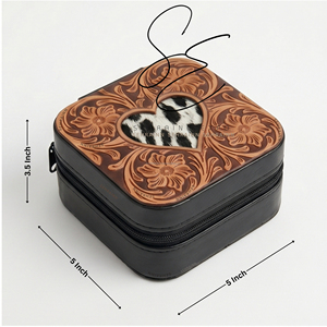 Mini Travel Jewelry Box for Women with Hair On Heart Tooled Leather Design Portable Zipper Jewelry Organizer Case with <b>Mirror</b> - Product Image 2