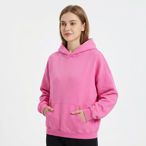 <b>Pink</b> Oversized Hooded <b>Sweatshirt</b> Unisex Solid Color Cotton Fleece Casual Pullover Autumn Streetwear Style - Product Image 2
