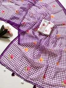 Colección de Sarees y Blusas de Lino Suave con Diseño Moderno de Alta Calidad, Estampado Digital Floral a Cuadros y Borlas, Exportador de Moda Femenina - Product Image 5