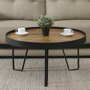 Table basse ronde en bois de manguier massif avec plateau en métal, style industriel rustique, finition noire et naturelle. - Product Image 1