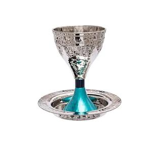 Silver Stainless Steel Kiddush Cup and Saucer Hammer Work <b>Goblet</b> Cup With Tray & Shiny Polished Unique <b>Wine</b> <b>Goblet</b> - Product Image 1