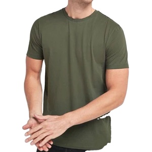 Vert olive goutte épaule nouveau tissu impression personnalisée col rond couleur unie t-shirt pour hommes - Product Image 1