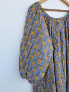 Vestido corto de algodón con estampado floral amarillo para mujer, manga larga abullonada, corte holgado, estilo bohemio, informal, para verano, playa y vacaciones - Product Image 3