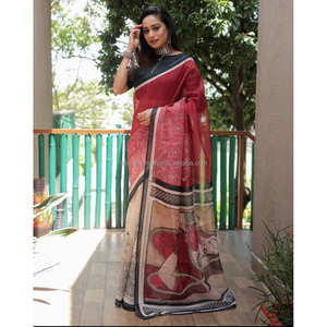 Ropa de fiesta de lino con estampado digital Saree amarillo y rojo - Product Image 2