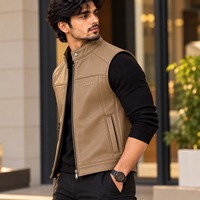 Gilet sans manches en cuir véritable pour homme Saleh, col roulé, fermeture éclair sur le devant, couleur unie, décontracté, streetwear d'hiver, rembourré en coton