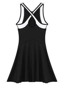 Robe de tennis sans manches pour femme, noire et blanche, à blocs de couleur, col rond, vêtements de sport ajustés, vêtements d'été - Product Image 2