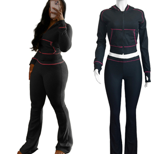 Conjunto de Sudadera con Capucha de Manga Larga y Pantalones Acampanados de Cintura Alta con Diseño de Waffle y Patchwork para Otoño 2026 - Ropa de Descanso y Chándal para Mujer - Product Image 4