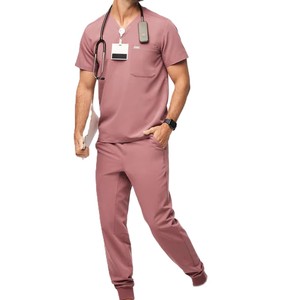 Ensemble de tenues médicales pour hommes sur mesure, élégant et de fabrication artisanale, avec haut à manches courtes et col rond, pantalon de jogging, ensemble de tenues médicales - Product Image 1