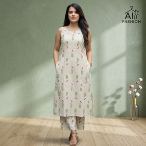 Kurti en coton beige à imprimé floral pour femme, coupe ample, longueur genou, tenue décontractée, style été, mode Inde Pakistan - Product Image 4
