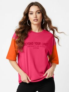 Half Sleeve Cottonblend Oversized Tshirt for Women, Round Neck Longline Printed Raglan Sleeve Colourblocked Drop Shoulder Baggie - Product Image 2