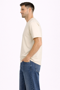 Camiseta unisex de manga corta con cuello redondo en color beige arena – Camiseta informal clásica de algodón liso para uso diario, tela suave y transpirable - Product Image 2