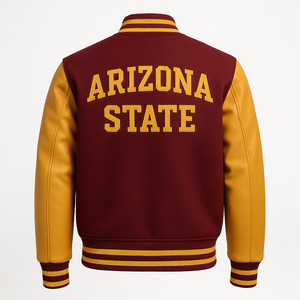 <b>Men's</b> Maroon Arizona <b>Varsity</b> <b>Jacket</b> With Gold PU Leather Sleeves Embroidery Front Letterman <b>Bomber</b> Coat Autumn Casual Wear - Product Image 5