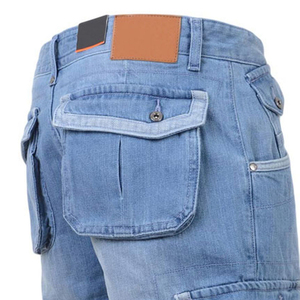 Shorts en jean bleu clair pour homme, taille mi-haute, fermeture à cordon, plusieurs poches, style décontracté, longueur bermuda, tissu en coton tissé - Product Image 3