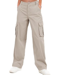 Pantalon cargo décontracté taille haute multi-poches pour femme, séchage rapide, couleur unie, coupe large, idéal pour l'automne (vente en gros) - Product Image 4