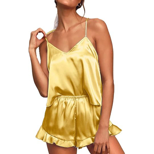 Conjunto de Salón de Satén Amarillo, Camiseta sin Mangas con Cuello en V y Pantalones Cortos, Lencería Sexy de Verano, Color Sólido, Tela Suave, Pijama de Dos Piezas - Product Image 2