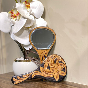 Espejo de mano de cuero genuino pintado a mano 2024, espejo de maquillaje de estilo occidental, espejo de diseño Vintage, regalo perfecto para esposa - Product Image 2