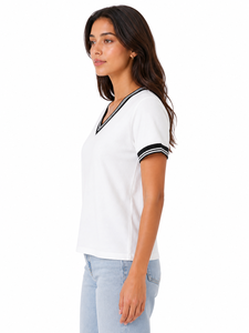 Camiseta de Mujer con Cuello en V y Ribete en Contraste, Manga Corta, Estilo Casual, Corte Ajustado, Ligera, Transpirable, Mezcla de Algodón, Elegante, para Verano - Product Image 2