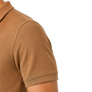 Men Customized Camel Brown <b>Waffle</b> Knit Quarter Zip Polo <b>Shirt</b> with Vertical Stripe Design Breathable Casual Golf Tennis Polo Top - Product Image 4