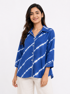 Camisa de Mujer Azul Sólida Estilo Bohemio 100% Algodón Manga Larga Cuello Mandarín Ecológica Transpirable - Product Image 4