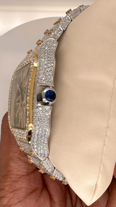 Montre squelette de luxe en moissanite VVS, entièrement sertie, bicolore or, mouvement mécanique, boîtier carré, chiffres romains, bijoux hip-hop - Product Image 3