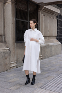 Vestido Camisero Midi Casual de Verano para Oficina, Manga Larga, Minimalista, Transpirable, Popelina 100% Algodón, Hilo Prelavado con Enzimas, Cierre de Botones al Frente - Product Image 5