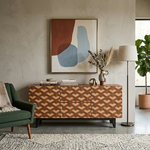 Aparador Moderno de Madera Maciza con Diseño Geométrico 3D en Forma de Cubo, Gabinete de 2 Puertas y 2 Cajones, Base Negra, Mueble para TV y Multimedia - Product Image 4