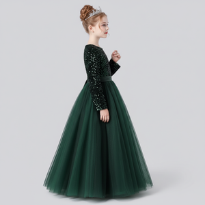 Elegante Vestido de Princesa Verde de Terciopelo con Lentejuelas Bordadas para Niñas, Vestido de Fiesta, Proveedor al por Mayor, OEM - Product Image 5