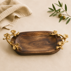 Luxury Handcrafted Eco-friendly Wedding for Wood Serving Tray <b>Decorative</b> Gold Floral Metal Handles Elegant Oval Shape for Home - Product Image 4