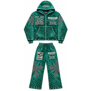MUDASSAR Tracksuit Set 100% Cotton Zipper Full Length 450 Gsm Geometric Pattern Rhinestone <b>Cropped</b> <b>Joggers</b> Casual - Product Image 1