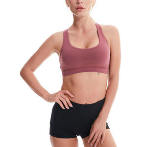 Soutien-gorge de sport dos nageur couleur unie pour femme, maintien moyen, sans coutures, respirant, rose - Product Image 1