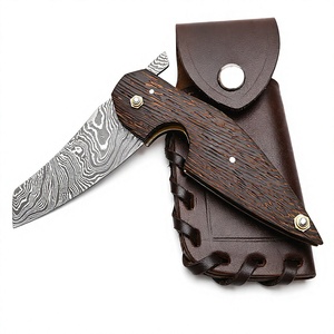Cuchillo Plegable de Acero de Damasco con Mango de Madera, Funda de Cuero Personalizada, Hoja de Punta Caída, Cortador de Cigarros - Product Image 4