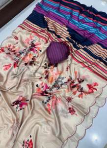 Sari en soie douce avec un magnifique imprimé floral, bordure contrastante en point de croix, blouse contrastante - Sans plis, idéal pour les fêtes - Product Image 5