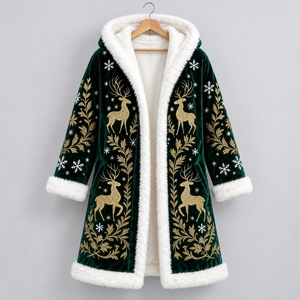 Manteau à capuche vert et or de qualité supérieure pour hommes et femmes, avec broderie dorée, bordure en fausse fourrure, longueur genou, veste d'hiver - Product Image 1
