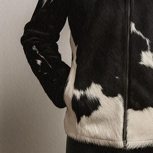 Veste en cuir de vache pour homme, patchwork noir et blanc, col montant, fermeture éclair, manteau chaud d'hiver - Product Image 4