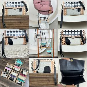 2026 New Designer Purse Black & White Checkered Western Hand Tooled Leather Crossbody <b>Wristlet</b> <b>Clutch</b> <b>Bag</b> Hair-on-Hide Mini <b>Bag</b> - Product Image 3