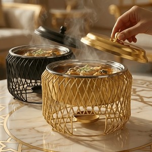 Plat de service de luxe en acier inoxydable doré, isotherme, pour buffet, avec panier en fil métallique, type chafing dish - Product Image 1